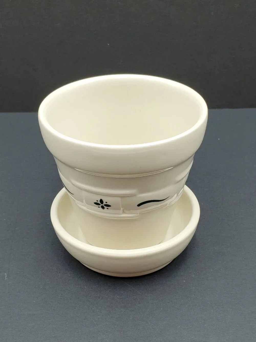 Longaberger Pottery Woven Traditions Heritage Green Flower Pot with Saucer